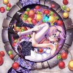  1girl blue_eyes bracelet braid breasts cable digital_media_player earphones food freckles fruit glasses hair_ornament hairclip highres jewelry long_hair looking_at_viewer mary_janes mismatched_legwear navel original purple_hair sakuya_tsuitachi shoes skirt sleeveless small_breasts smile solo thigh-highs twin_braids twintails 