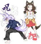  2girls absurdres angry animal_ears backpack bag bandaid bandaid_on_knee barefoot blush brown_eyes brown_hair closed_mouth clothes_around_waist dog_child_(doitsuken) dog_ears dog_girl_(doitsuken) dog_tail doitsuken fang grey_pants hair_bobbles hair_ornament highres jacket_around_waist knee_blush legs_apart looking_at_viewer looking_back low_twintails multiple_girls one_eye_closed open_mouth original pants pink_footwear pleated_skirt purple_hair red_eyes red_skirt shirt shoes short_hair simple_background skirt smile tail torn_clothes translation_request twintails white_background white_shirt wide-eyed 