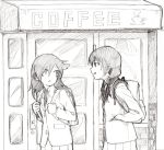  2girls backpack bag black_hair blazer graphite_(medium) jacket kuroki_tomoko long_hair multiple_girls necktie sketch tamura_yuri traditional_media twintails watashi_ga_motenai_no_wa_dou_kangaetemo_omaera_ga_warui! 