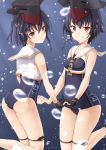  2girls air_bubble ass bangs bare_arms bare_legs bare_shoulders black_gloves black_hair blush breasts brown_eyes brown_neckwear bubble character_name clothes_writing crop_top eyebrows_visible_through_hair feet_out_of_frame framed_breasts gloves grin hand_holding headset highres i-13_(kantai_collection) i-14_(kantai_collection) kantai_collection kneepits looking_at_viewer looking_back multiple_girls neck_ribbon partly_fingerless_gloves ribbon sailor_collar short_hair single_glove single_sidelock sleeveless small_breasts smile submerged teeth thigh_strap twitter_username underwater white_sailor_collar yuuki_kazuhito 