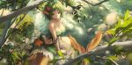  1girl arm_support autumn_leaves bangs bare_shoulders blush breasts cleavage closed_mouth commentary_request copyright_request day elbow_gloves eyebrows_visible_through_hair gloves green_eyes green_hair head_fins highres huanxiang_huifeng large_breasts leaf looking_at_viewer maple_leaf mermaid monster_girl navel outdoors solo strapless tree_branch water white_gloves 