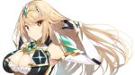  1girl adjusting_hair armpits breasts cleavage commentary_request elbow_gloves gloves hairband mythra_(xenoblade) light_brown_hair long_hair looking_at_viewer simple_background solo upper_body white_background white_gloves xenoblade_(series) xenoblade_2 yappen 