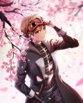  1boy black_cape black_pants brown_hair cape cherry_blossoms day flower gintama hair_between_eyes hand_in_pocket heavenlove highres looking_at_viewer mask mask_on_head okita_sougo outdoors pants pink_flower red_eyes solo standing uniform 
