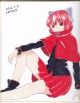  1girl black_blouse black_footwear blouse bow capelet closed_eyes closed_mouth dated e1girl hair_bow long_sleeves looking_at_viewer pleated_skirt poronegi red_capelet red_eyes red_skirt redhead scan sekibanki shoes short_hair signature sitting skirt solo touhou traditional_media 