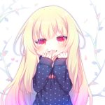  1girl :d bangs blonde_hair blue_hoodie blush commentary_request drawstring eyebrows_visible_through_hair fang hair_between_eyes hand_to_own_mouth hands_up hood hoodie long_hair long_sleeves looking_at_viewer lowres open_mouth original polka_dot polka_dot_hoodie red_eyes sakurato_ototo_shizuku sleeves_past_wrists smile solo very_long_hair white_background 