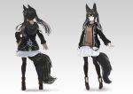  1girl animal_ears black_eyes black_hair black_jacket black_legwear boots breasts brown_shirt closed_mouth fox_ears fox_girl fox_tail gradient gradient_background grey_background inabi jacket legs_apart long_hair long_sleeves looking_at_viewer multiple_views open_clothes open_jacket original shirt skirt standing tail thigh-highs twintails white_skirt 