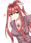  1girl artist_name bow brown_hair doki_doki_literature_club eyebrows_visible_through_hair eyes_visible_through_hair flow_ech green_eyes hair_bow heart highres long_hair looking_at_viewer monika_(doki_doki_literature_club) ponytail school_uniform simple_background smile solo white_background 