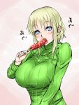  1girl blonde_hair blue_eyes blush breasts eating food food_in_mouth holding kuneru_marta kuranosuke large_breasts looking_at_viewer marta medium_hair pink_background solo tongue tongue_out translation_request turtleneck 