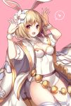  1girl animal_ears blonde_hair brown_eyes bunny_pose cape djeeta_(granblue_fantasy) fake_animal_ears granblue_fantasy hair_ornament hairband heart homaderi leotard rabbit_ears sage_(granblue_fantasy) short_hair solo spoken_heart thigh-highs 