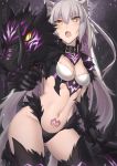  1girl agrius_metamorphosis animal_ears atalanta_(alter)_(fate) atalanta_(fate) bangs black_collar black_panties bow_(weapon) breasts cat_ears claws cleavage cleavage_cutout commentary_request eyebrows_visible_through_hair eyes_visible_through_hair fang fate/grand_order fate_(series) fur fur_trim highres holding holding_weapon kakeku long_hair looking_at_viewer medium_breasts navel no_pants open_mouth panties silver_hair simple_background slit_pupils solo standing stomach_tattoo tsurime underwear very_long_hair weapon wolf wolf_ears yellow_sclera 