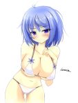  1girl ahoge artist_name bikini blue_hair blush breasts cleavage closed_mouth collarbone cowboy_shot flower_knight_girl ipheion_(flower_knight_girl) large_breasts looking_at_viewer luxuria navel short_hair simple_background solo swimsuit violet_eyes white_background white_bikini 