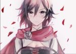  1girl breasts cape cleavage corset ecru flower looking_at_viewer petals rose rose_petals ruby_rose rwby solo twitter_username 
