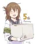 1girl :d anchor_symbol anniversary armband artist_name bangs blush box brown_hair closed_eyes copyright_name dated eyebrows_visible_through_hair facing_viewer folded_ponytail gloves hair_ornament holding holding_box inazuma_(kantai_collection) kantai_collection kawashina_(momen_silicon) long_hair long_sleeves number open_mouth school_uniform serafuku shirt simple_background sketch smile solo teeth upper_body white_background white_gloves 