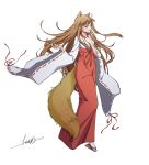  1girl absurdres animal_ears brown_hair fneix full_body geta hakama highres holo japanese_clothes long_hair long_sleeves miko red_eyes red_hakama ribbon-trimmed_sleeves ribbon_trim signature simple_background solo spice_and_wolf tabi tail white_legwear wide_sleeves wolf_ears wolf_tail 