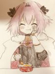  1boy :t ^_^ astolfo_(fate) bangs black_bow black_gloves black_shirt blush bow braid buckle chewing closed_eyes closed_mouth commentary_request dot_nose eating emblem eyebrows_visible_through_hair facing_viewer fate/apocrypha fate_(series) food_request fur-trimmed_cloak fur_collar furrowed_eyebrows gauntlets gloves gold_trim gorget hair_bow hair_intakes hand_on_own_cheek hands_up holding_spork long_hair long_sleeves male_focus multicolored_hair parted_bangs photo pink_hair shirt single_braid sitting smile solo spork streaked_hair table traditional_media trap turtleneck two-tone_hair upper_body white_cloak white_hair 