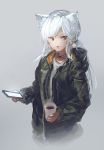  1girl animal_ears cellphone choker commentary_request cup green_jacket grey_background holding holding_cellphone holding_phone inabi jacket long_hair long_sleeves open_clothes open_jacket original parted_lips phone red_eyes shirt simple_background smartphone solo steam upper_body white_hair white_shirt 