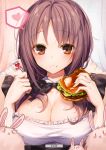  1girl :t animal bangs bare_arms bare_shoulders black_dress black_neckwear blush bow bowtie breasts brown_eyes brown_hair cleavage collarbone curtains dress eating eyebrows_visible_through_hair eyelashes fanbox_reward fingernails food food_on_face frills hamburger hands_up heart highres holding holding_food indoors komeshiro_kasu large_breasts long_fingernails long_hair looking_at_viewer nail_polish original paid_reward pink_nails rabbit shiny shiny_skin sleeveless sleeveless_dress solo speech_bubble spoken_heart upper_body 