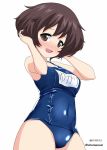  1girl akiyama_yukari arms_up bangs blue_swimsuit blush breasts brown_eyes brown_hair commentary covered_navel cowboy_shot excel_(shena) eyebrows_visible_through_hair girls_und_panzer hands_in_hair highres looking_at_viewer medium_breasts messy_hair name_tag old_school_swimsuit one-piece_swimsuit open_mouth school_swimsuit shiny shiny_clothes short_hair simple_background smile solo standing sweatdrop swimsuit white_background 