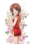  1girl ass bangs brown_eyes brown_hair commentary dated dragon_print dress excel_(shena) floral_background flower from_behind girls_und_panzer hair_flower hair_ornament hairclip hands_together highres looking_at_viewer looking_back nishizumi_miho open_mouth pose print_dress red_dress short_dress short_hair side_slit sleeveless sleeveless_dress smile solo standing twitter_username 