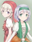  2girls blue_eyes braid dress earrings eila_ilmatar_juutilainen green_dress green_eyes hairband jewelry multiple_girls nannacy7 puffy_short_sleeves puffy_sleeves red_dress sanya_v_litvyak short_sleeves silver_hair simple_background smile strike_witches traditional_clothes world_witches_series 