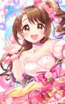  1girl :d balloon bare_shoulders blush bow brown_eyes brown_hair choker commentary_request corsage curly_hair detached_sleeves dress earrings eyebrows_visible_through_hair flower flower_ornament gloves hair_bow hair_flower hair_ornament half_updo happy_birthday highres idolmaster idolmaster_cinderella_girls idolmaster_cinderella_girls_starlight_stage jamu jewelry long_hair looking_at_viewer one_side_up open_mouth pink_bow pink_ribbon puffy_detached_sleeves puffy_sleeves red_ribbon ribbon rose shimamura_uzuki side_ponytail smile solo sparkle sparkling_eyes strapless strapless_dress striped striped_bow striped_ribbon upper_body v wrist_ribbon 