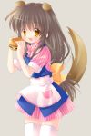  animal_ears brown_eyes brown_hair clannad dog_ears dog_tail food hamburger ibuki_fuuko long_hair tail thigh-highs thighhighs waitress zettai_ryouiki 