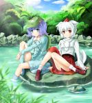  backpack bad_id bag blue_eyes blue_hair hair_bobbles hair_ornament hat inubashiri_momiji kawashiro_nitori mochi.f red_eyes short_hair silver_hair tail tokin_hat touhou twintails wolf_ears wolf_tail 