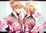  1boy 1girl blonde_hair bubble fish hair_ornament hair_ribbon hairclip kagamine_len kagamine_rin makoto_(roketto-massyumaro) open_mouth ribbon school_uniform serafuku short_hair siblings vest vocaloid 