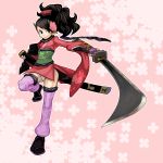  brown_eyes comb floral_pattern floral_print flower gauntlets hair_comb hair_flower hair_ornament highres japanese_clothes katana kimono mas masn_(moxi) momohime moxi oboro_muramasa oboro_muramasa_youtouden panties pantyshot perspective sandals sheath short_kimono sword thighhighs underwear weapon 