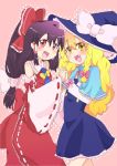  :d bad_id blonde_hair bow brown_hair detached_sleeves fang hair_bow hakurei_reimu hand_holding hat holding_hands japanese_clothes kirisame_marisa long_hair multiple_girls open_mouth red_eyes smile touhou witch_hat yellow_eyes zuzu 