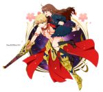  1boy 1girl armor blonde_hair brown_eyes brown_hair chain copyright_name ea_(fate/stay_night) earrings fate/extra_ccc fate_(series) female_protagonist_(fate/extra) gilgamesh jewelry red_eyes school_uniform serafuku shirtless tattoo yui6157 