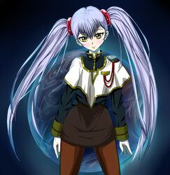  blush brown_legwear gloves highres hoshino_ruri kidou_senkan_nadesico kidou_senkan_nadesico_-_prince_of_darkness long_hair martian_successor_nadesico oyama_kazuya pantyhose skirt twintails uniform yellow_eyes 