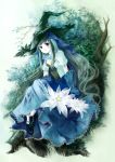  dress flower gloves green_hair hat kaedena_akino long_hair original tree very_long_hair witch_hat 