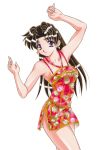  arms_up black_hair brown_hair dress earrings floral_print futari_ecchi halter_top halterneck jewelry katsu_aki lipstick long_hair no_bra no_panties onoda_yura purple_eyes render short_dress simple_background smile solo standing transparent transparent_background transparent_png violet_eyes wavy_hair 