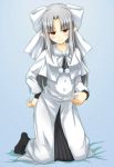  dress hand_on_hip kamiya_ryo kneeling long_hair melty_blood miiya naughty_face pointy_ears red_eyes ribbon tsukihime type-moon white_hair white_len 