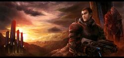  brown_eyes brown_hair commander_shepard commander_shepard_(male) gun mass_effect mountain nihlus_kryik rifle sky weapon yansun 