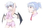  adult alternate_costume alternate_hairstyle armpits arms_behind_head arms_up bat_wings blue_hair breasts flat_chest hair_up haruichi midriff mouth_hold navel pointy_ears ponytail red_eyes remilia_scarlet short_hair shorts sideboob silver_hair touhou wings 