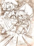  brown card hat holding holding_card izayoi_sakuya knife monochrome remilia_scarlet short_hair sketch tima touhou twin_braids wings 