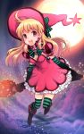  blonde_hair boots broom broom_riding elbow_gloves gloves hat moon nardack night night_sky open_mouth original pink_eyes ribbon sky sparkle striped striped_legwear striped_thighhighs thigh-highs thighhighs witch witch_hat 