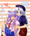  blue_eyes braid bunny_ears hat long_hair necktie pista purple_hair rabbit_ears reisen_udongein_inaba silver_hair tickling touhou yagokoro_eirin 