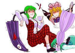  bullying closed_umbrella cup gap green_eyes green_hair hat heterochromia karakasa karakasa_obake kazami_yuuka kisaragi_ryou_(sougetsu-tei) kisaragiya oriental_umbrella plaid plaid_skirt plaid_vest red_eyes shaded_face short_hair skirt skirt_set tatara_kogasa teacup tongue touhou umbrella yakumo_yukari 