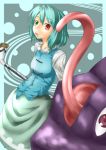  blue_hair geta green_eyes heterochromia karakasa karakasa_obake oriental_umbrella red_eyes short_hair tatara_kogasa tongue toritora touhou umbrella 