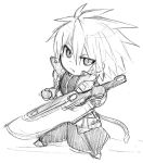  blazblue chibi chitose_(pixiv263880) fuyumura_asuki male monochrome ragna_the_bloodedge short_hair sketch sword weapon white_background 
