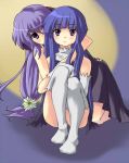  dress flower furude_rika hanyuu higurashi_no_naku_koro_ni horns hug iiru long_hair purple_hair sitting thigh-highs thighhighs violet_eyes 