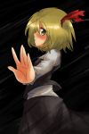  1girl blonde_hair cosplay darkness face foreshortening hands harusame_(unmei_no_ikasumi) looking_back lunasa_prismriver profile ribbon rumia rumia_(cosplay) solo touhou 