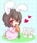  barefoot black_hair bunny bunny_ears carrot chibi heart inaba_tewi maki_(maki88) maki_(pixiv411094) rabbit rabbit_ears red_eyes saliva short_hair touhou 