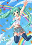  armpits bad_id blue_eyes broccoli broccoli_(vegetable) carrot eggplant food fruit grapes green_hair hatsune_miku long_hair midriff navel necktie panties poppippoo_(vocaloid) rainbow sadakofxe see-through skirt striped striped_panties thigh-highs thighhighs tomato twintails underwear vegetable vocaloid 