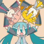  akita_neru blush chibi chibi_miku closed_eyes detached_sleeves hand_holding hatsune_miku holding_hands kasane_teto minami_(colorful_palette) smile triple_baka_(vocaloid) twintails utau vocaloid 