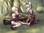  acolyte animal_ears armor bandage bandages belt blonde_hair blood blue_eyes brown_eyes bunny_ears comet comet_(teamon) drinking first_aid forest gloves grass hairband injury kneeling log mary_janes milk multiple_girls mushroom nature outdoors outside rabbit_ears ragnarok_online ribbon shade shoes short_hair sitting sunlight sword swordsman tree weapon white_hair wristband 