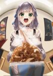 1girl :d arms_up bangs black_choker blue_ribbon blurry blurry_foreground blush breasts choker commentary_request eyebrows_visible_through_hair fisheye food green_eyes hair_ribbon highres hololive large_breasts long_sleeves looking_at_viewer medium_hair nayuyu1105 open_mouth own_hands_together ribbon shirogane_noel silver_hair smile solo sweater upper_body virtual_youtuber white_sweater 